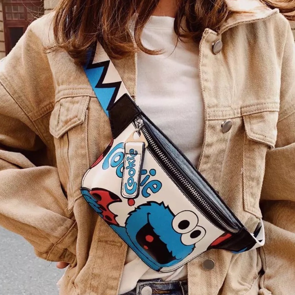 Cookie Monster Fanny pack pu leather waist crossbody bag cartoon blue wh…